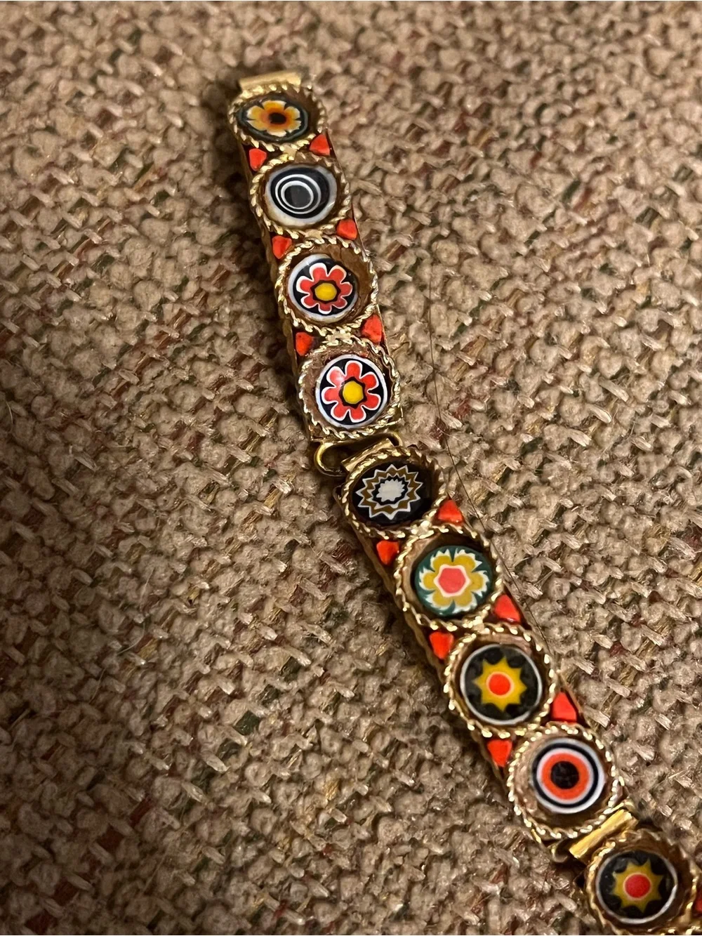 Vintage Italian Micro Mosaic Millefiori Panel Link Bracelet Gold Tone